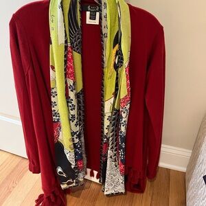 Red Cardigan with Multicolor Scarf
